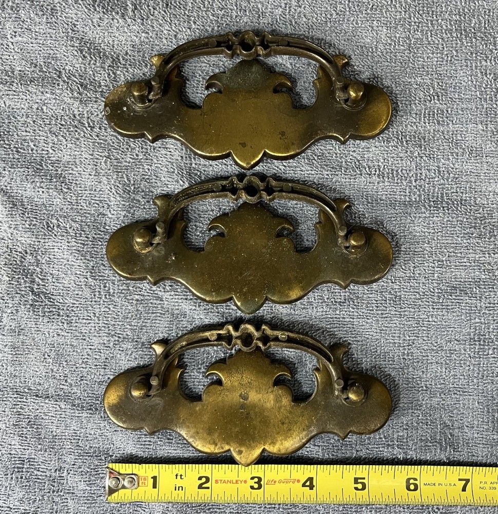 Vintage Drawer Handle Pulls - Large Drop Bail Pull Handles - Brass - Set of 3