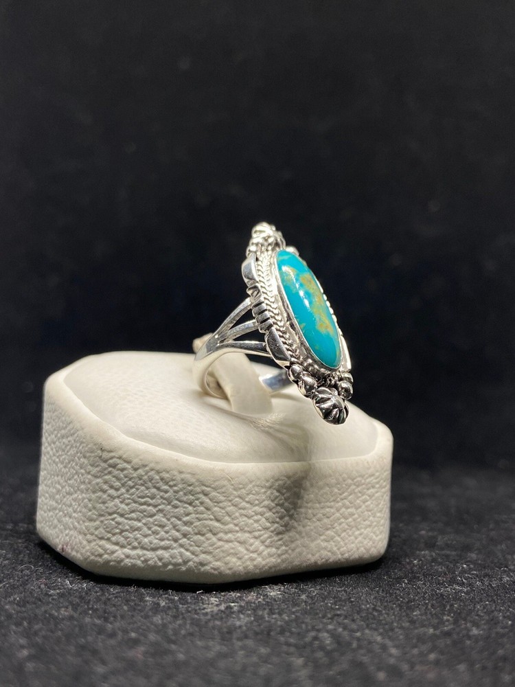 Native American Navajo fox turquoise Sterling Silver Ring Size 7.25 signed