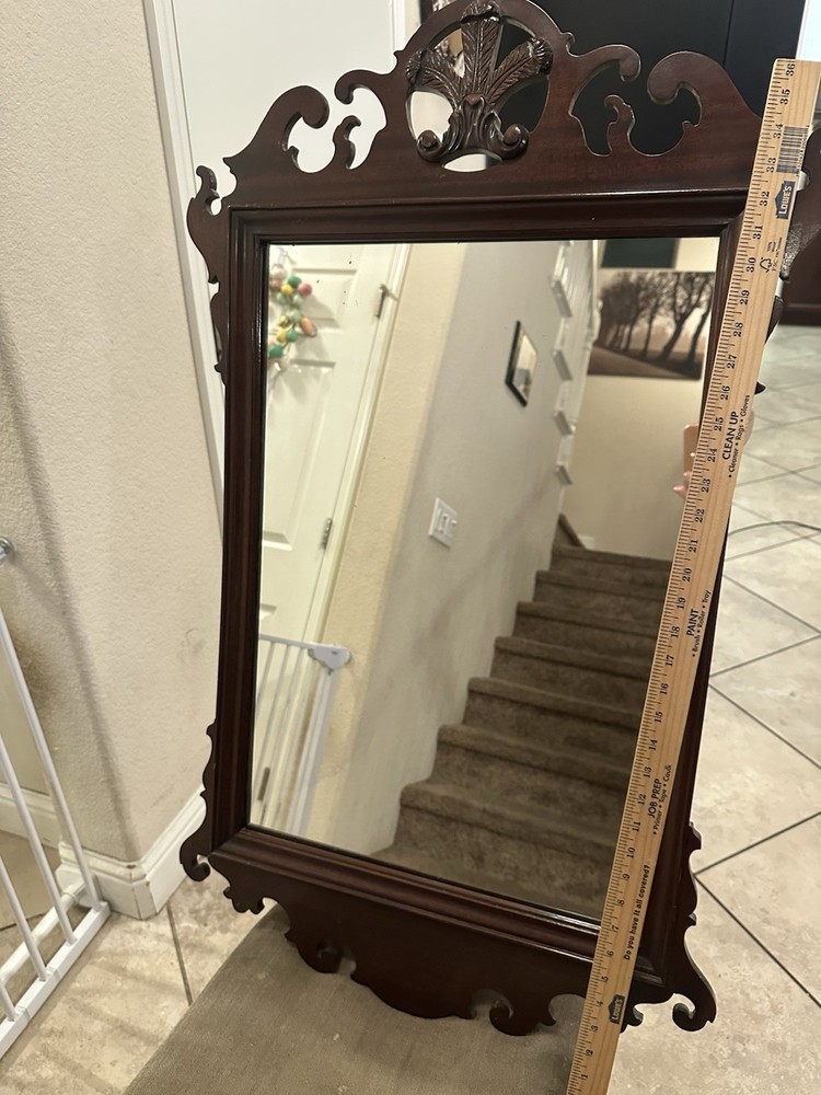 Antique Fleur de Lis Feather Scroll Mahogany Hall Ensemble Mirror W/Org Ship Tag