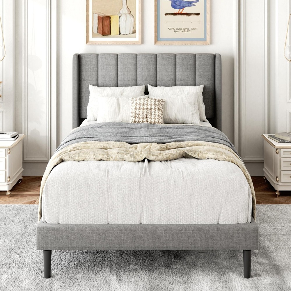 Twin Bed Frames with Wingback Headboard, Upholstered Platform Beds, No Box Sp...