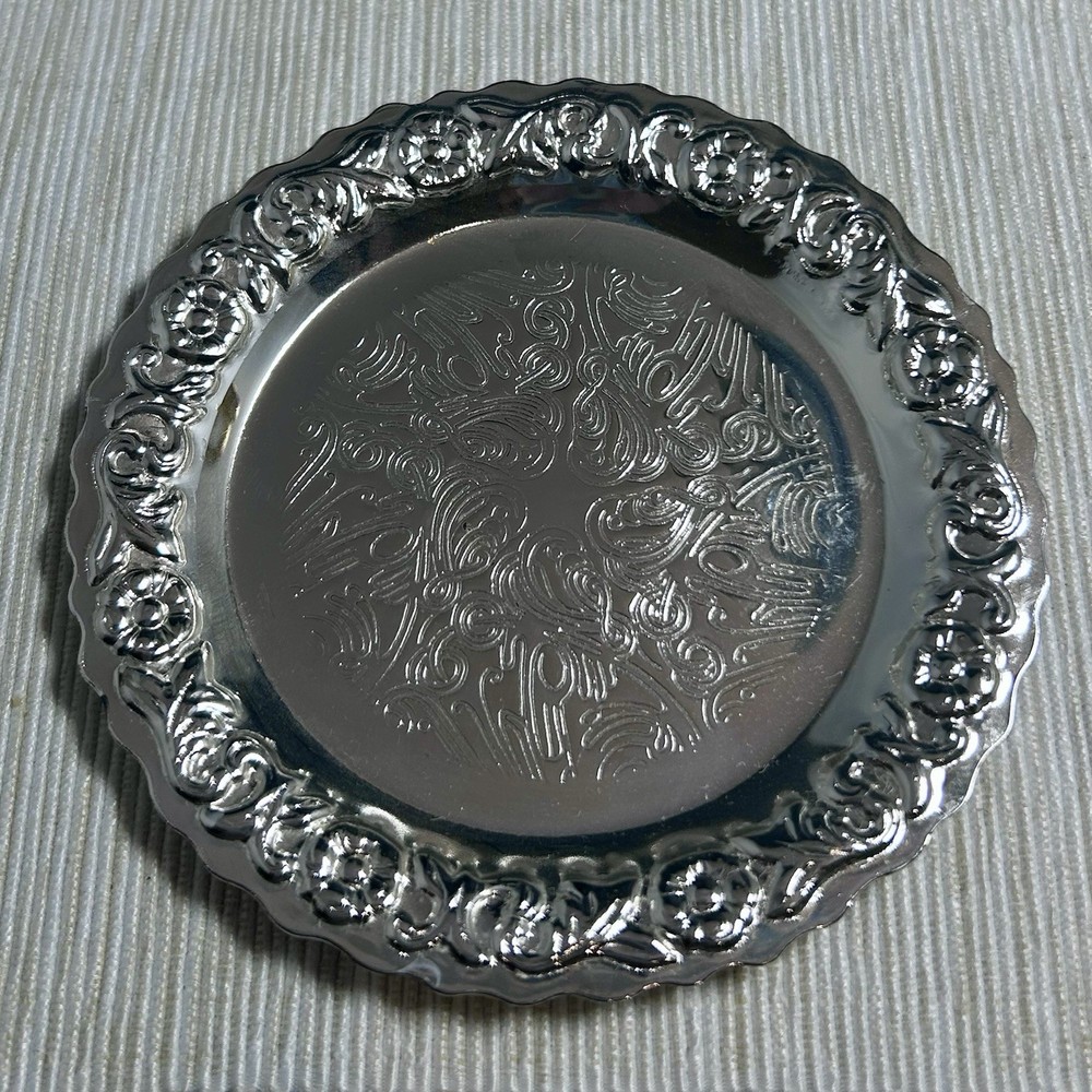 Silver Plated 5 Piece Coaster Set Engraved Floral Pattern Scolloped Edge England