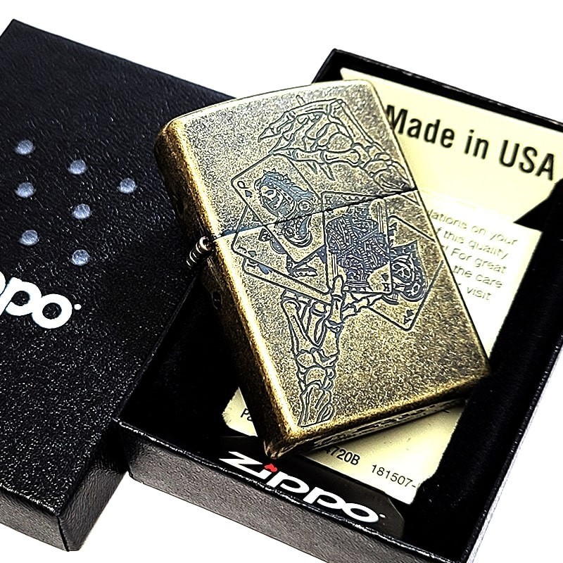 Zippo Antique Poker Playing Cards Skull Gold Etching One Side Processing Lighter