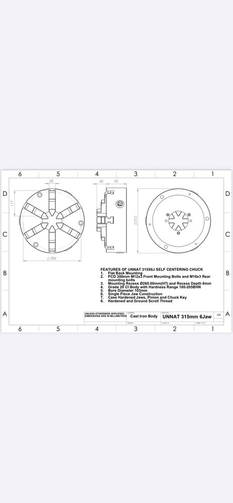 12” 6-JAW SELF-CENTERING Solid Jaw Lathe CHUCK, Front Mounting W. Extra Jaws