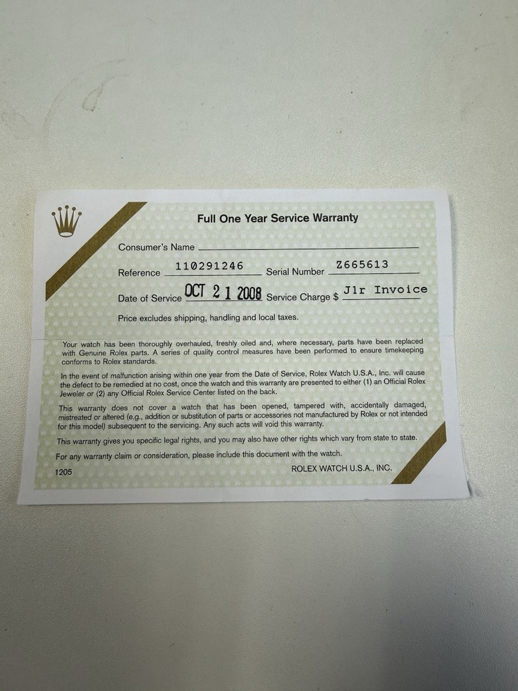 Rolex 2008  Service Papers e12083