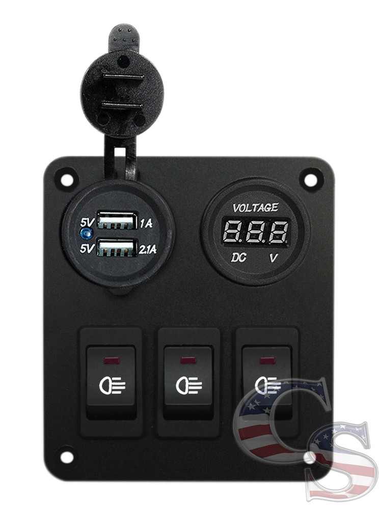 Red 35A 3 Gang Car Rocker Switch Panel USB Socket Power Plug Voltmeter Charger