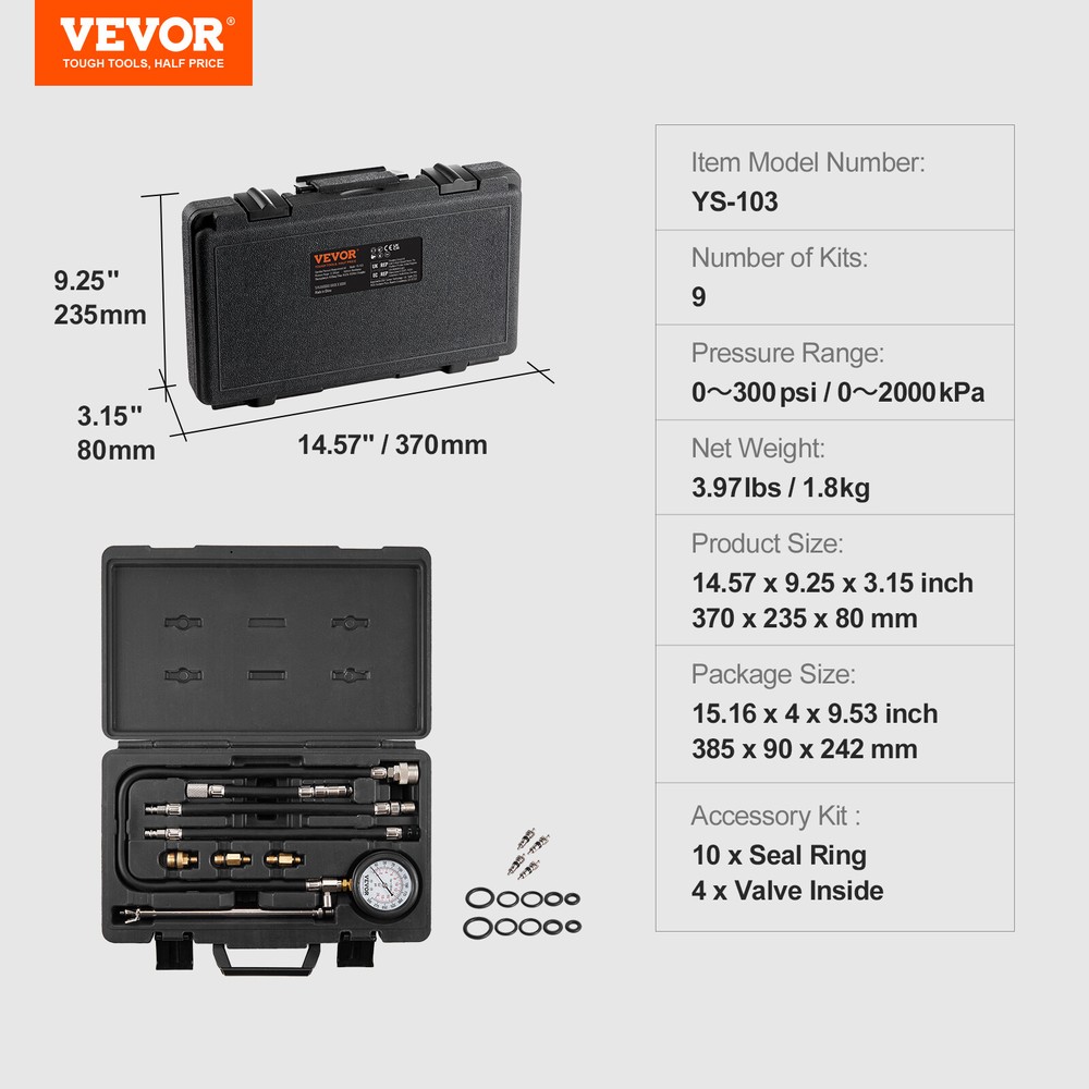 VEVOR Compression Tester Kit Petrol Engine Cylinder Gauge Tool Automotive 9 PCS