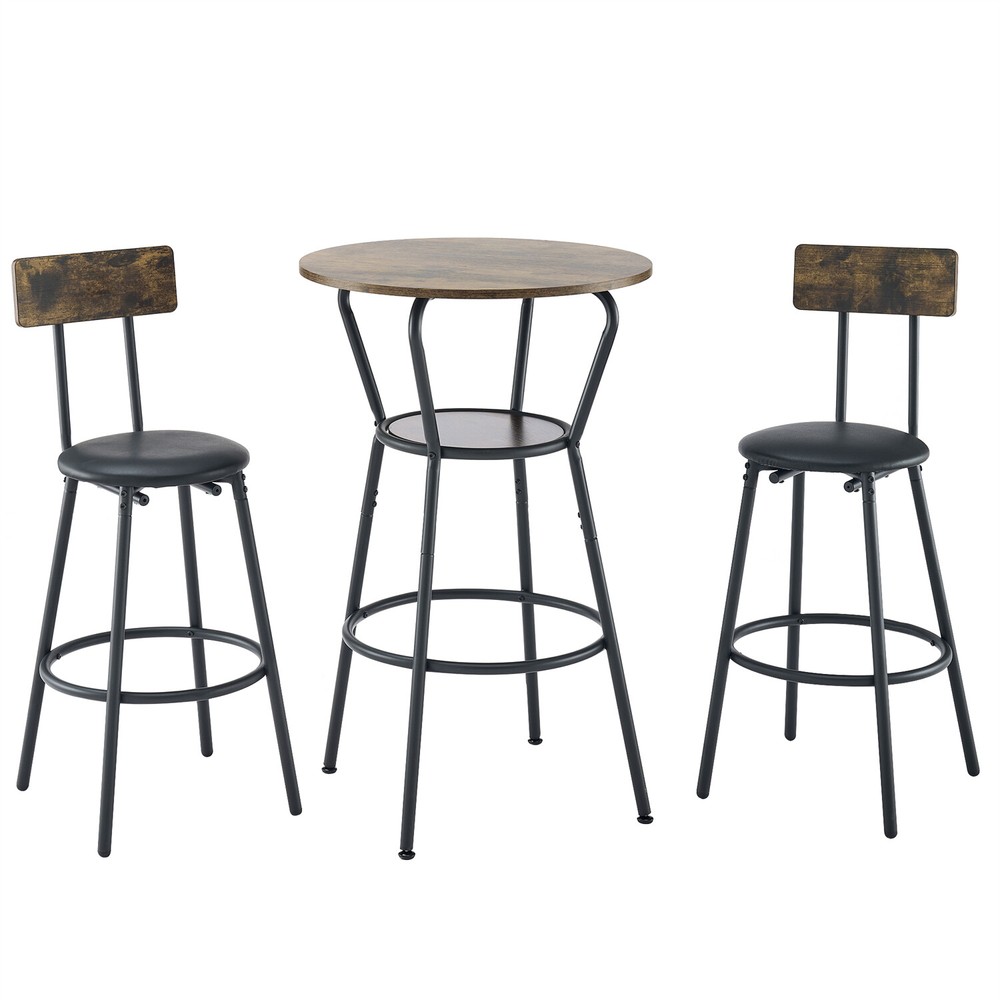 3 Piece Bar Table Set Counter Height Kitchen Table w/ 2 Upholstered Stool Brown
