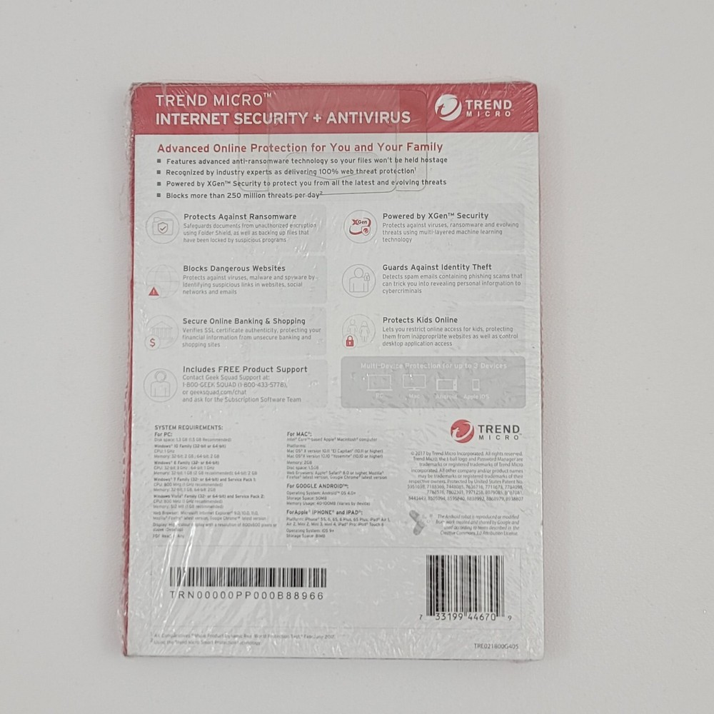 Trend Micro Internet Security + Antivirus 3 Devices Brand New!