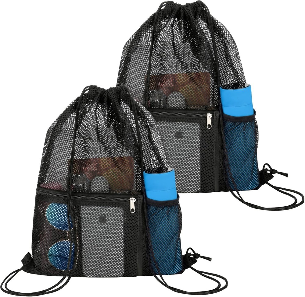 NATURAL STYLE 2 PACK Mesh Drawstring Backpack Bag, Multifunction Black