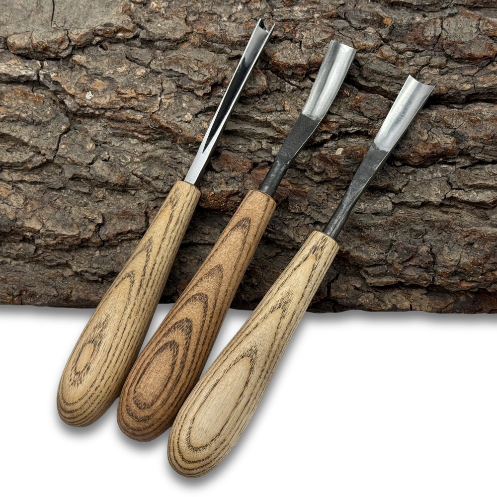 Wood Carving Tool Set 3-Piece – 52100 Steel Blade, Ash Handle, V-Chisel & Gouges