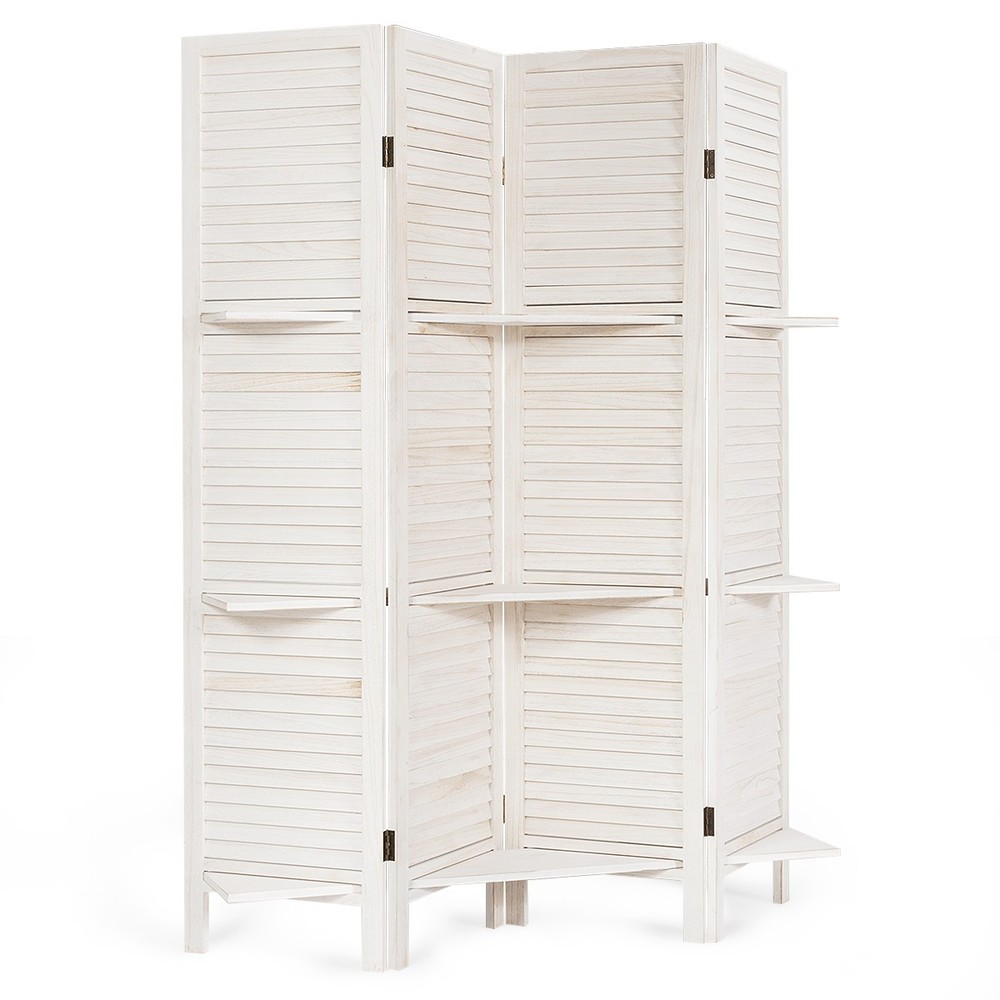 4 Panel Folding Room Divider Screen W/3 Display Shelves Multi-use Tall White