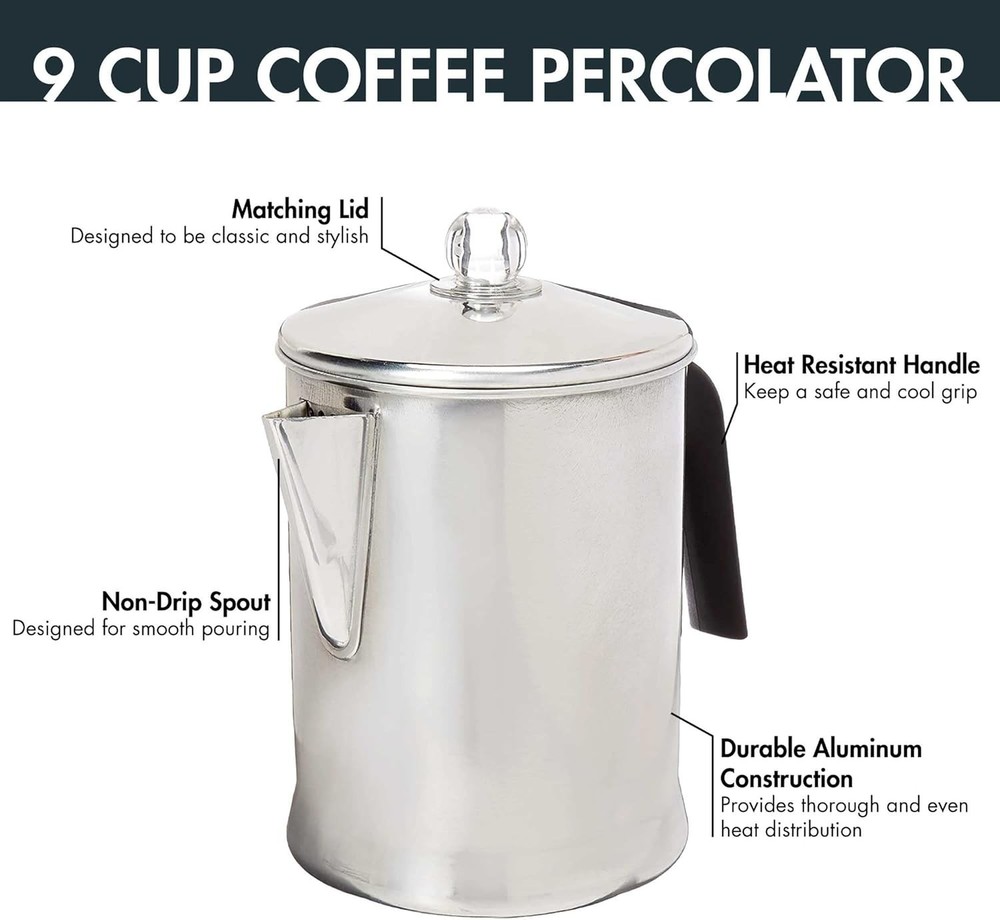 Primula Today Aluminum Stove Top Percolator Maker Durable, 9 Cup, Silver