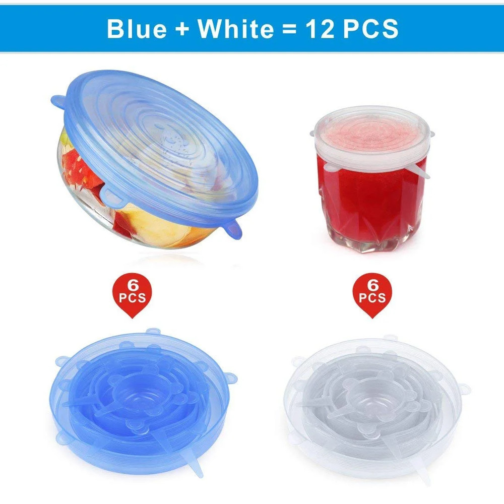 12 PCS Kitchen Silicone Stretch Lids Reusable, Microwave(White + Blue)