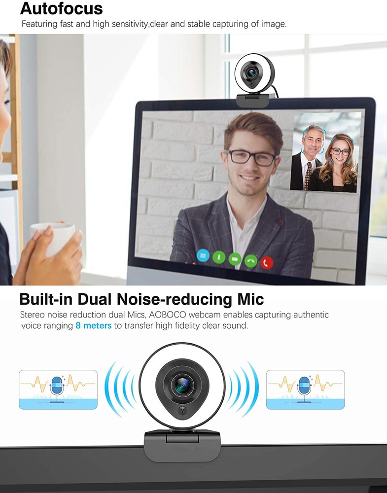 Webcam Streaming 1080P Full HD with Dual Microphone and Ring Light, USB Stream