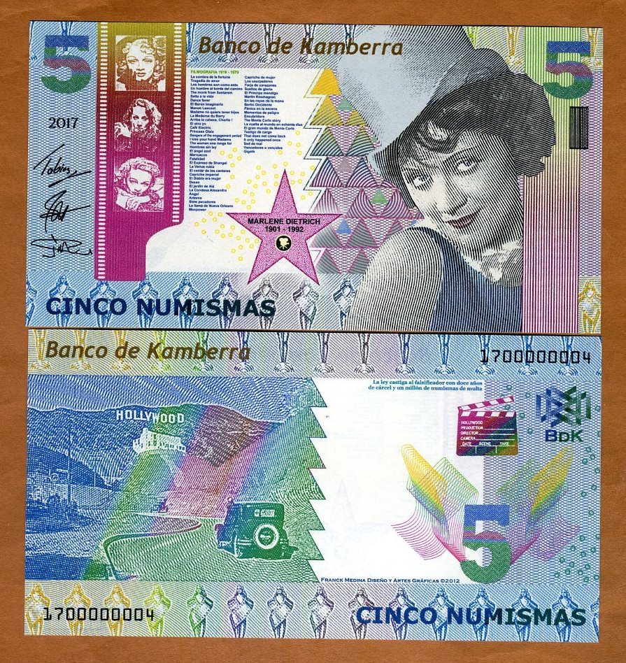 Kamberra, Kingdom, 5 Numismas, 2017, UNC Marlene Dietrich