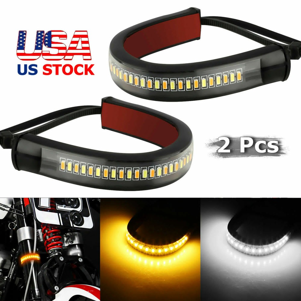 2x Amber LED Fork Turn Signal Indicators Blinkers Light Strips For Motorcycle