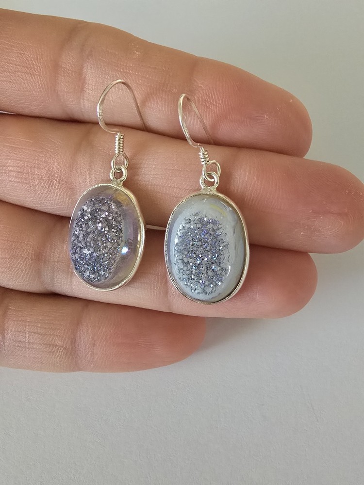 Sterling Silver 925 Oval Drusy Quartz Dangle Drop Earrings