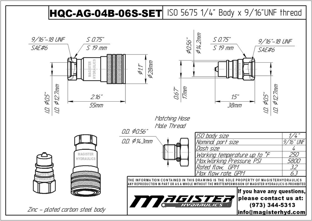 1/4″ AG Hydraulic Quick Couplers Set - 3/8″ SAE Thread