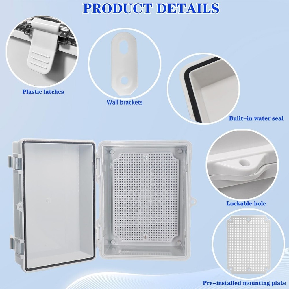 IP67 Waterproof Electrical Junction Box, ABS, Wall Bracket 2Cable Glands, Grey