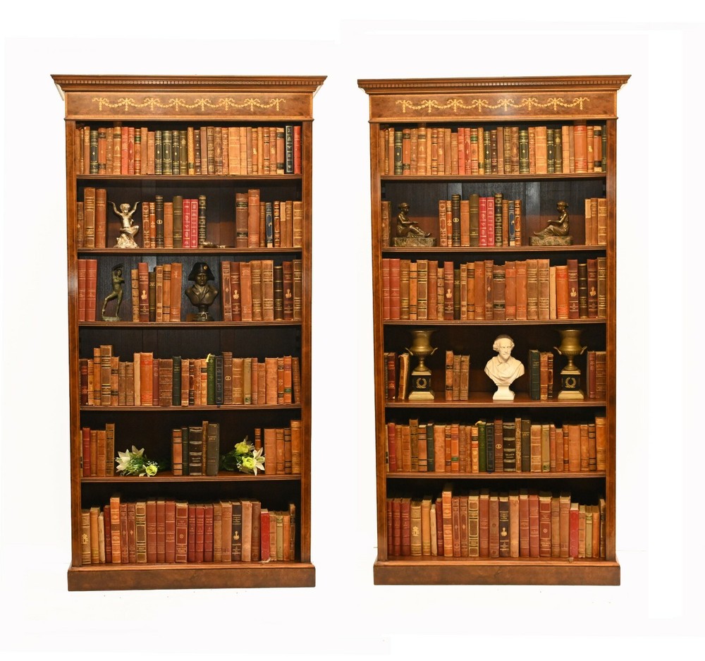 Pair Walnut Bookcases - Regency Sheraton Open Front