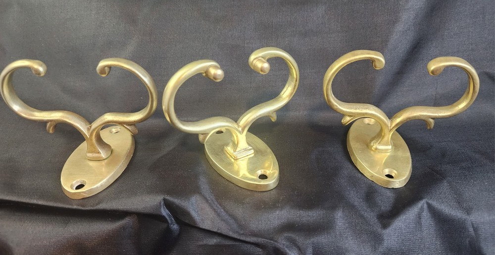 Three Early Antique Brass Fireplace Tool Jamb Hooks