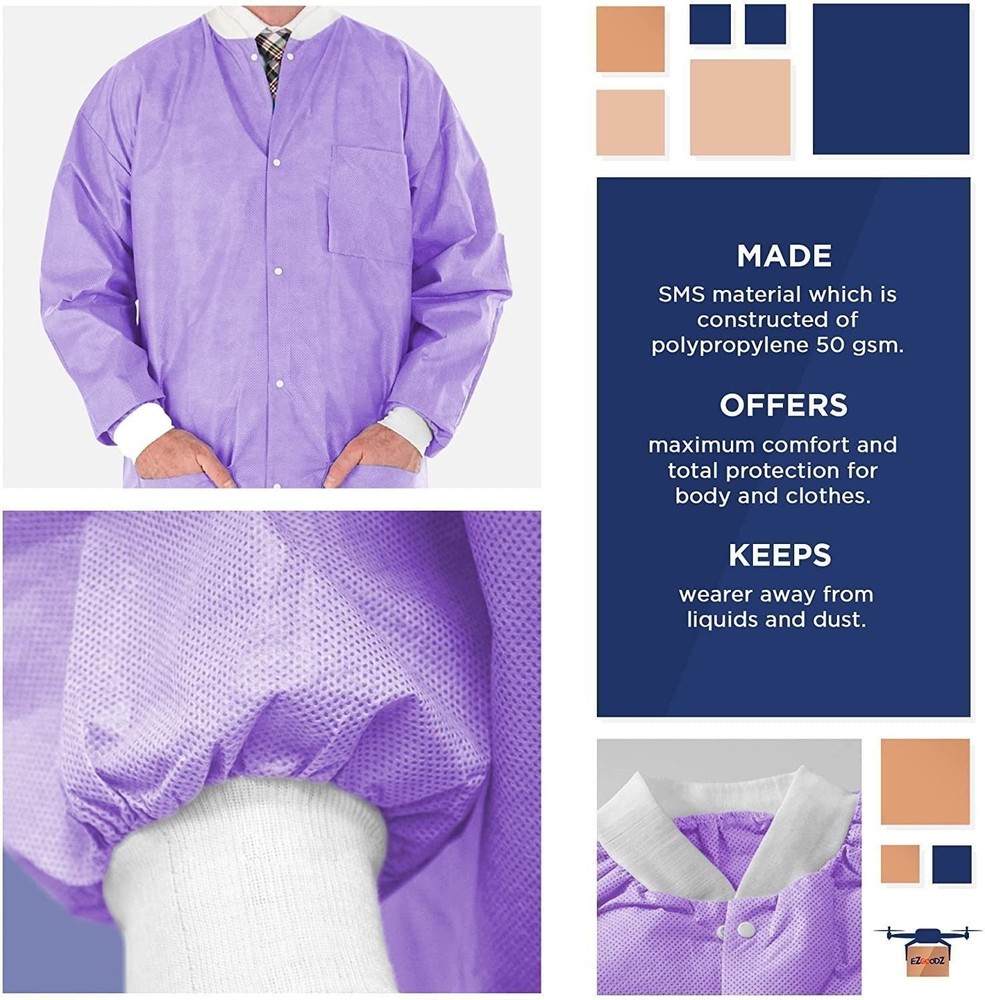 Disposable Lab Jacket Purple SMS Snap Front Knit Cuffs 10 Count Small 29 in