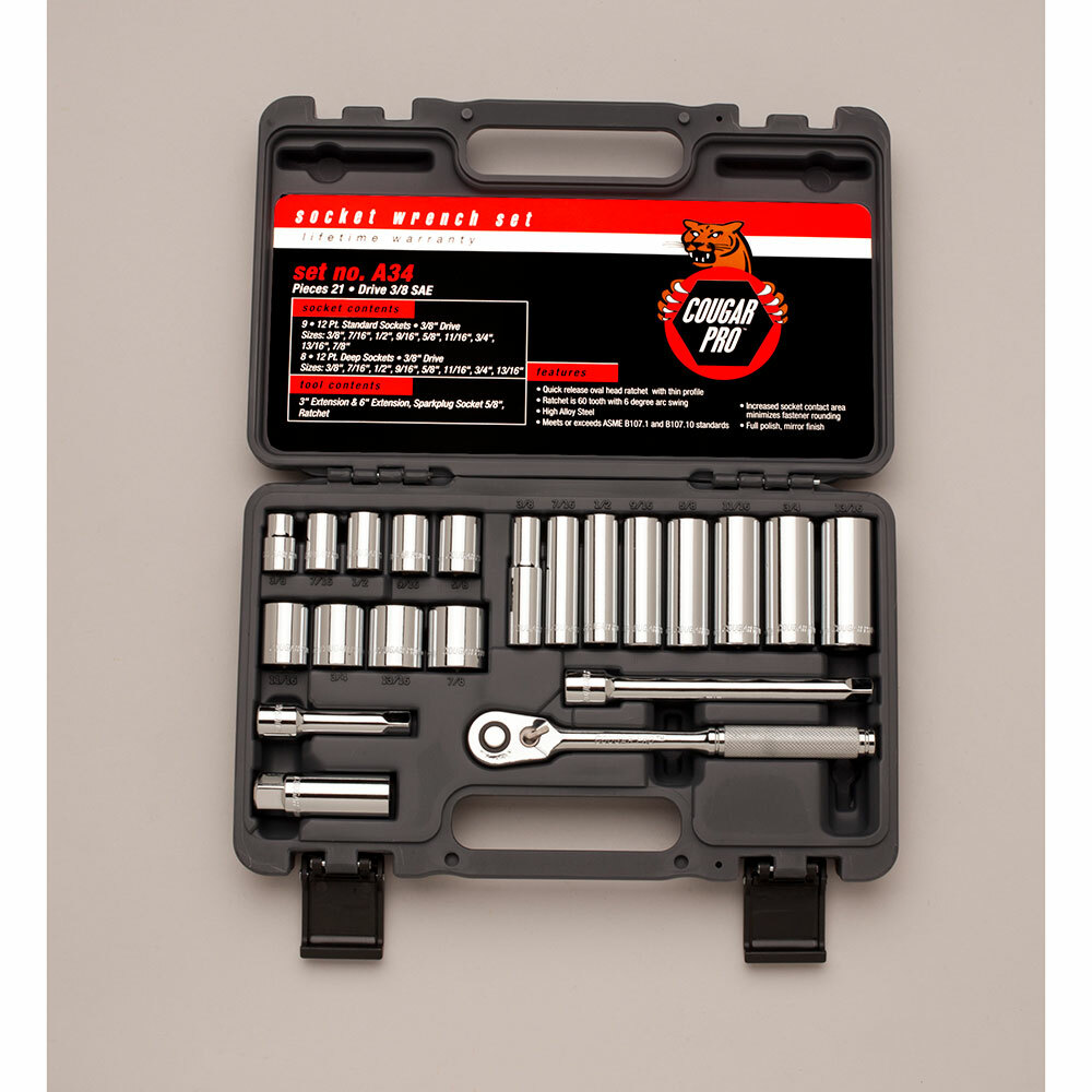 Wright Tool A34 3/8" Dr. 21 Pc. 12 Pt. Std. & Deep
