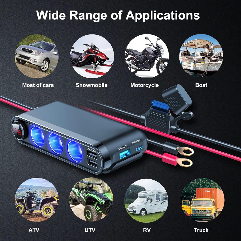 12V Cigarette Lighter Socket Splitter, 200W 3 Multi Port Car Black