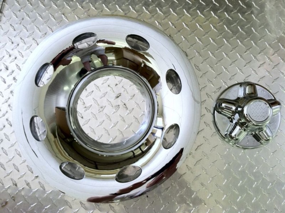 (1) 15" 2pc 5x4.5" BP Chrome Trailer Wheel Hub Cap Rim Covers