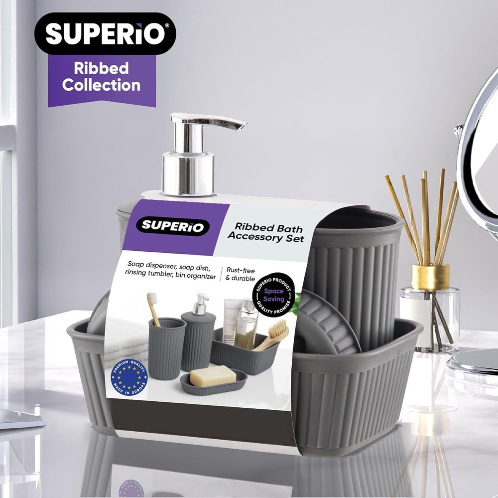 Superio Ribbed Collection - Decorative Plastic Bathroom Accessories Set, Grey