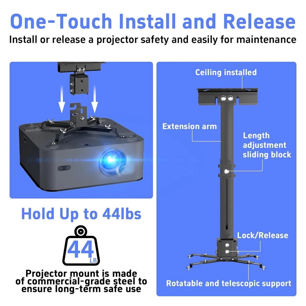 Projector Mount Ceiling/Wall - Universal 3-in-1 Bracket with Extension Pole