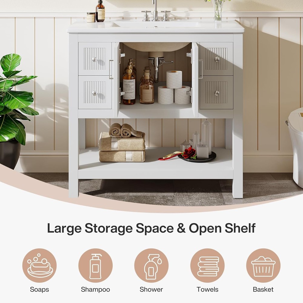 36" Modern Bathroom Vanity with Sink, Solid Wooden Freestanding Vanity Cabinet