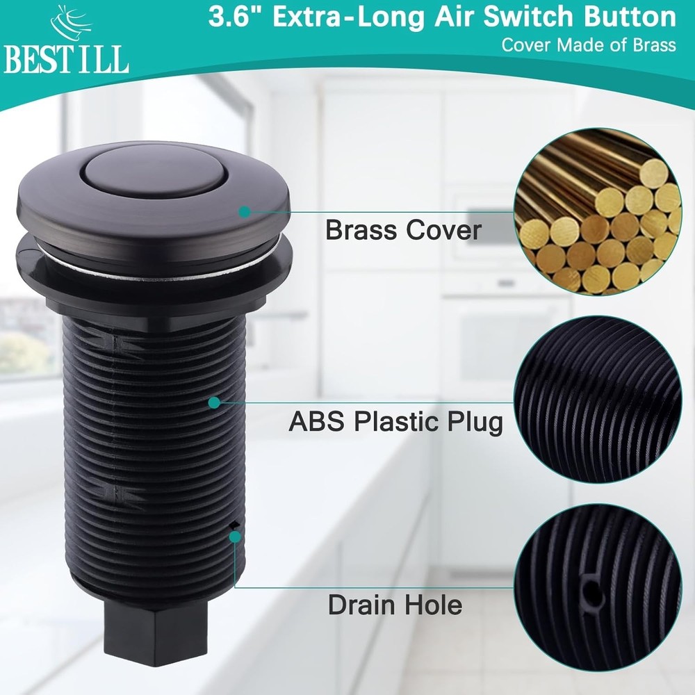 Complete Listed Garbage Disposal Air Switch Kit - 3.6" Brass Button Included