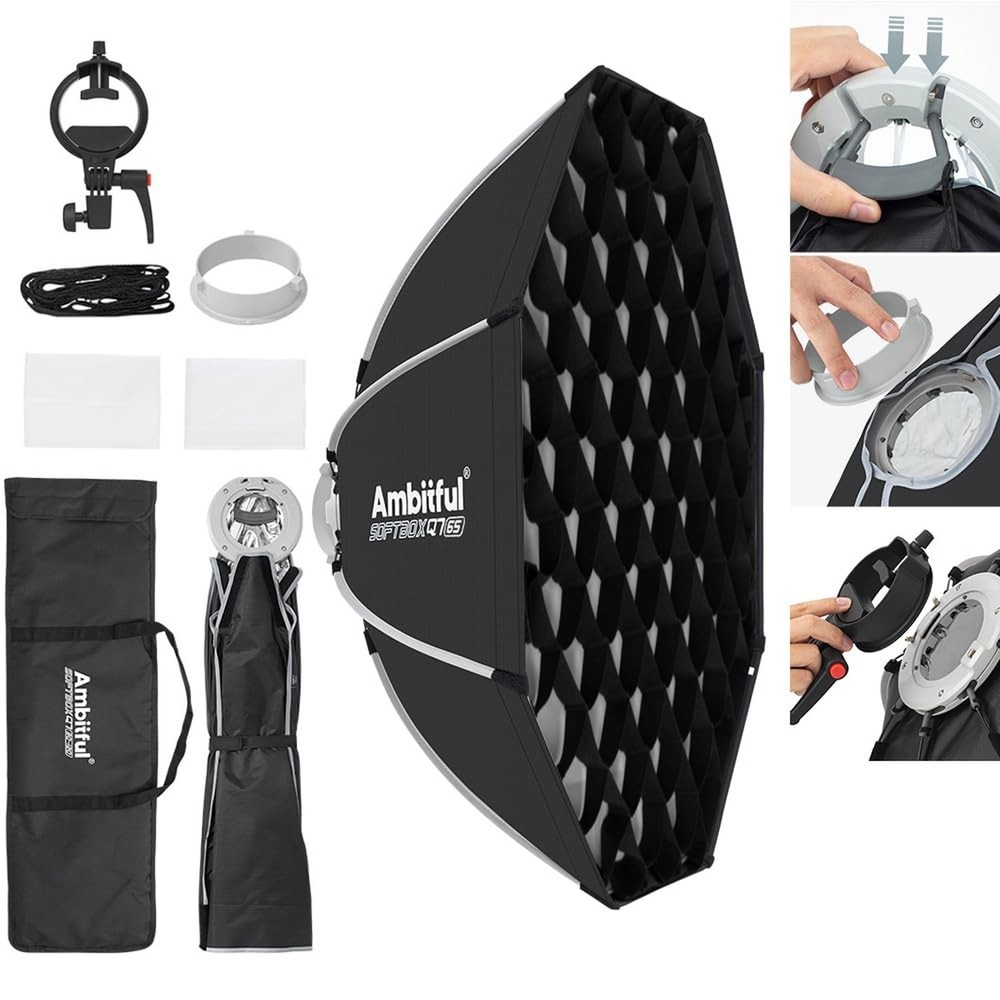 AMBITFUL 25.6" / 65cm Octagonal Softbox, Quick Release with Bowens Mount & Sp...