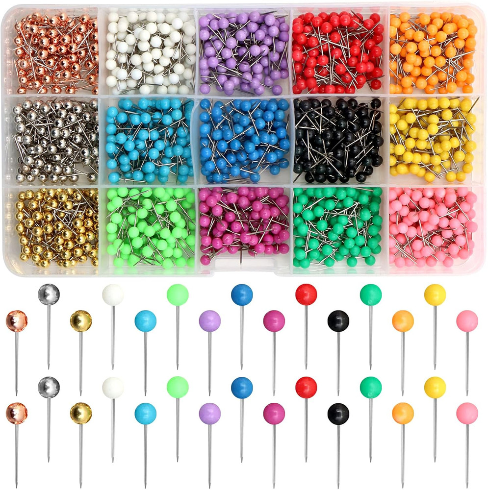 1500 PCS Map Push Pins, Map Tacks Marking Pins 1/8-Inch Plastic round Head Decor