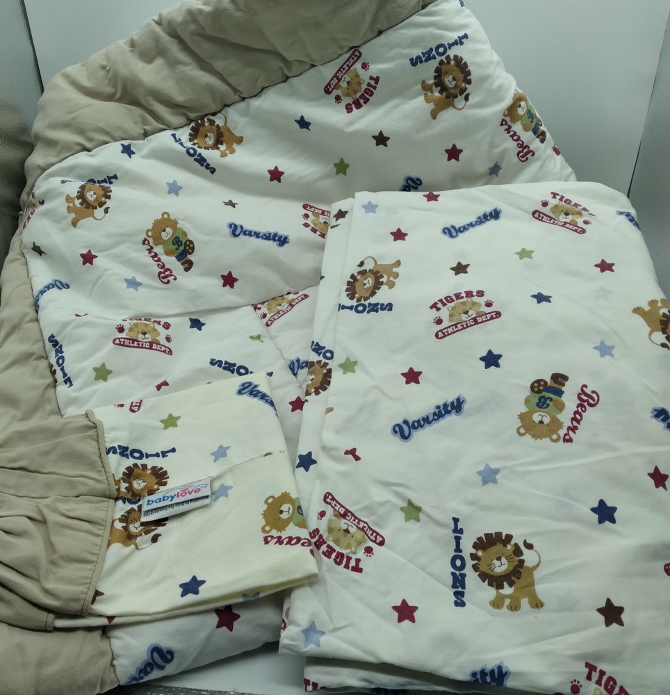 BabyLove Mini Crib Comforter & Fitted Sheet Beige Varsity Animals