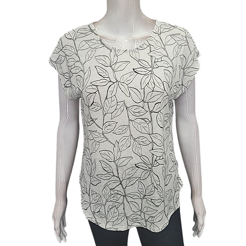 Orvis Womens Top Small Size White Printed Linen Polyester Tee Shirt