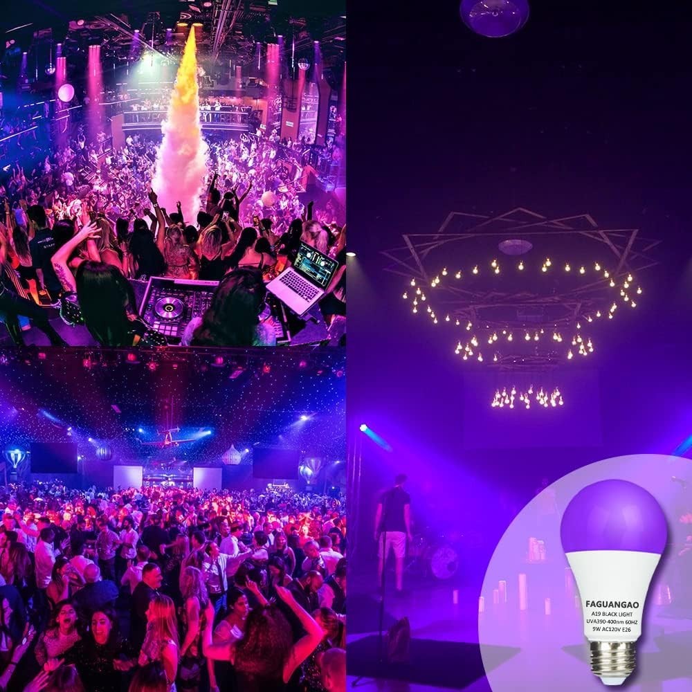 9W UV LED Black Light Bulb E26 A19 120V For Party Fluorescent Posters 4 Pack