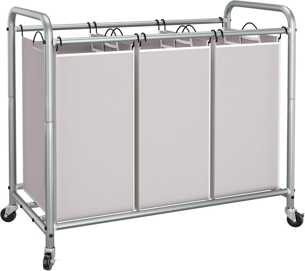 Eco-Friendly 3-Compartment Laundry Organizer with Rolling Wheels - Stylish Gray