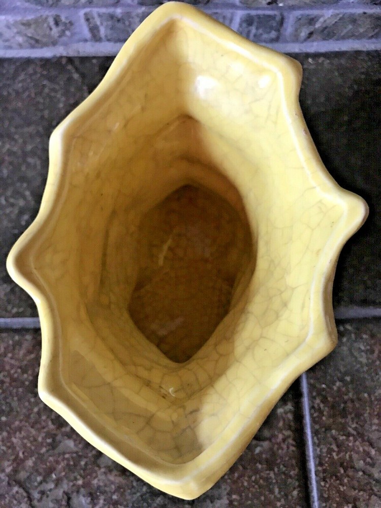 Vintage Cornucopia Planter Yellow Crackled Glaze Thanksgiving Fall Ceramic