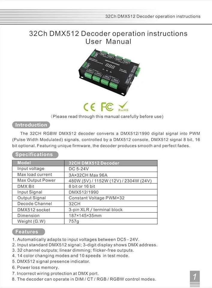 32CH RGBW DMX512 Decoder LED Controller 8Bit / 16Bit 32 Channel DC5–24V