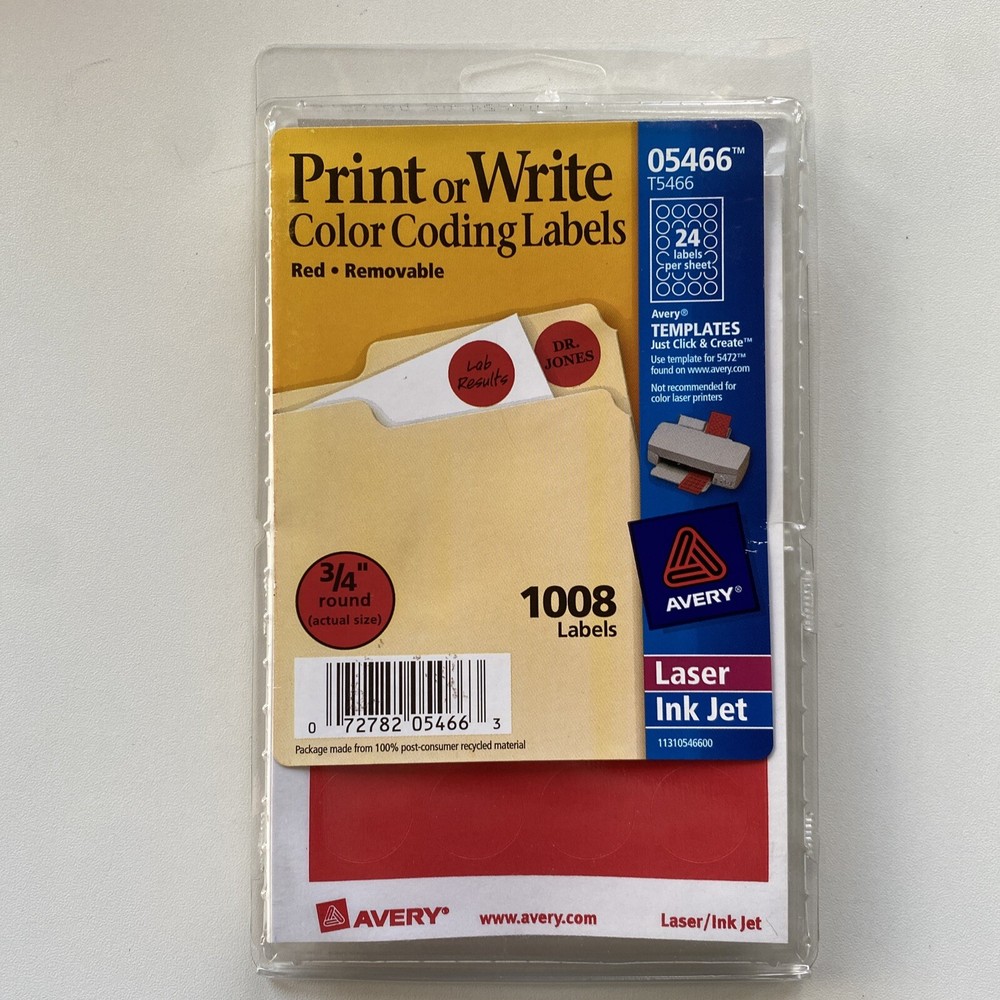 *SEE NOTES: 3/4” Round RED Avery Print or Write Removable Color Coding Labels