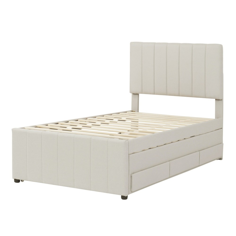 Twin Size Bed Frame Upholstered Platform Bed w/ Pull Out Trundle & 3 Drawers