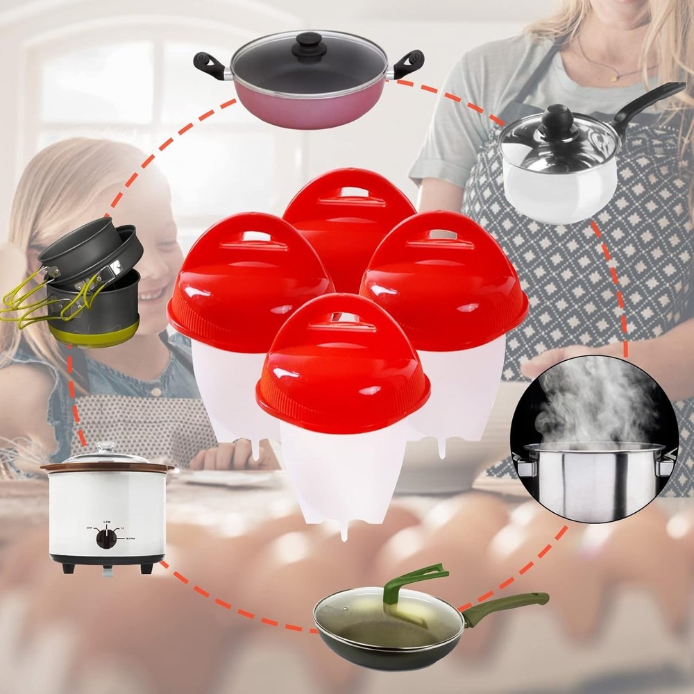 6pcs Silicone Egg Cooker Set – Non‑Stick Shell‑Less Boiling Cups, Red/White