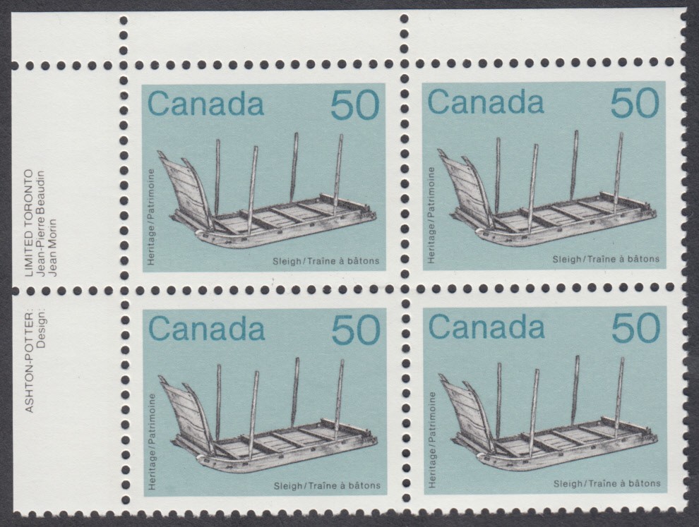 Canada - #930 Heritage Artifacts - Sleigh, Plate Block - MNH