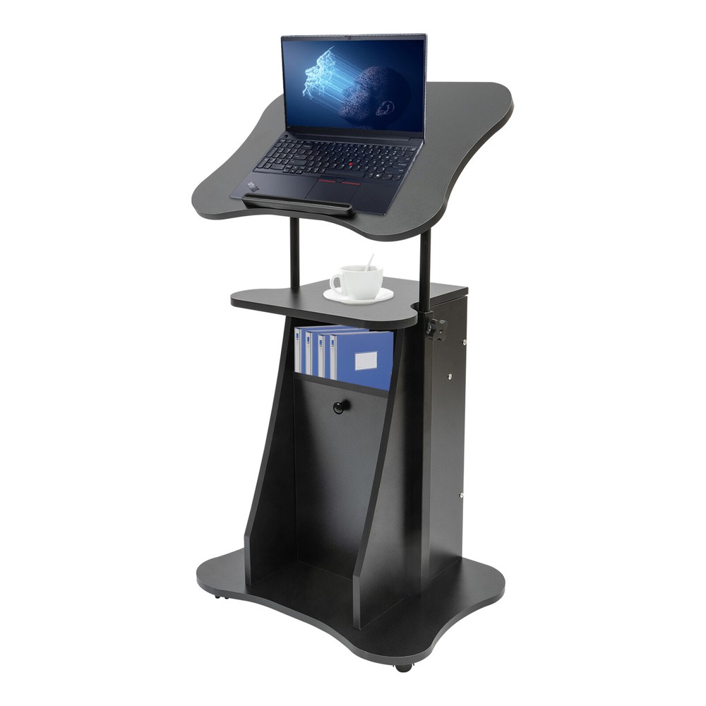 Floor Standing Pulpit Adjustable Height Lectern Podium w/ Wheels and Storage