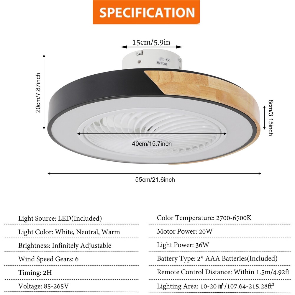 21.6" Flush Mount Ceiling Fan Light with Remote Control, 6 Speeds, Cage Design