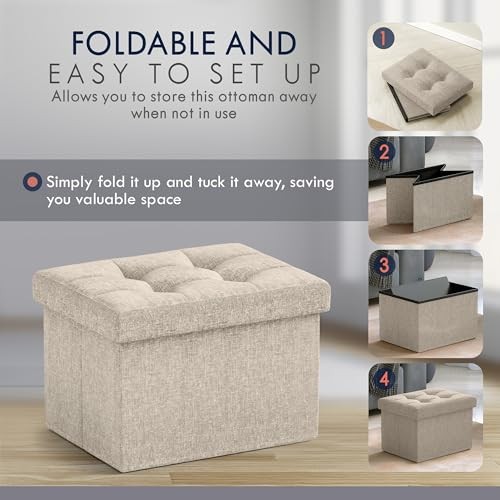 Small Storage Ottoman Foldable Collapsible Rectangle Linen Ottoman 1 Beige