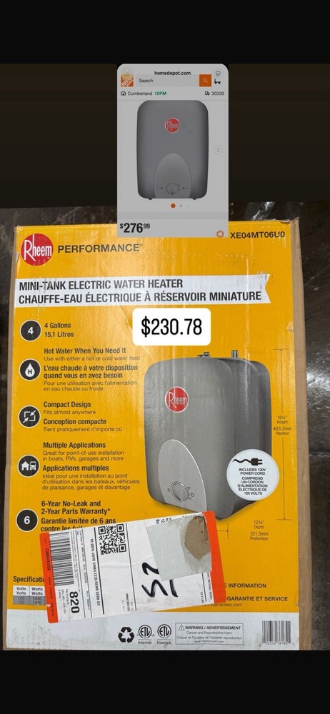 Rheem Mini-Tank Electric Water Heater 4 Gallons Compact Design 120V Corded