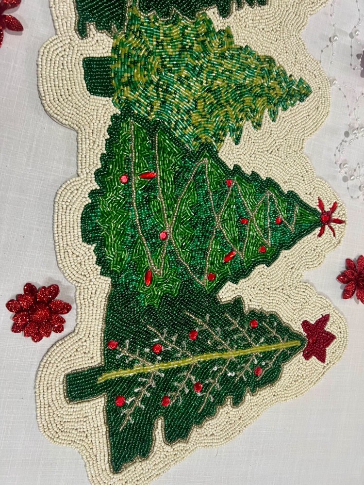 Christmas Tree Design Table Runner Beaded Table Topper Luxury Tableware 13X36 In